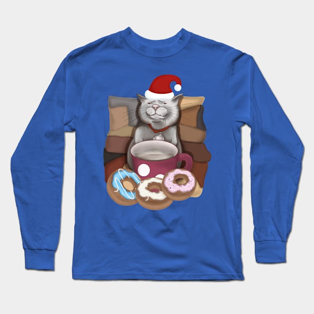 Santa cat. Funny cat with a mug of coffee and donuts. Long Sleeve T-Shirt by KateQR